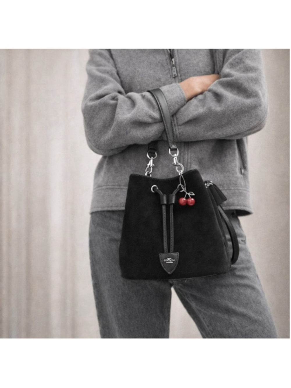 NEW Coach Rowan Bucket Bag Black Suede w/ Removable Zip Pouch CCZ89 NWT - Picture 10 of 14